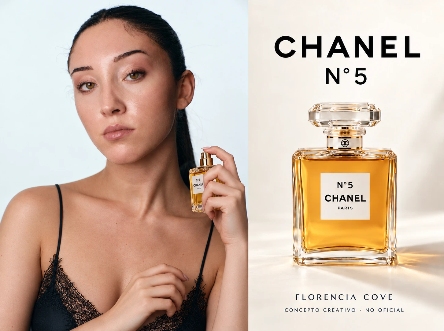 Concepto publicitario no oficial de Florencia Cove sosteniendo un perfume Chanel